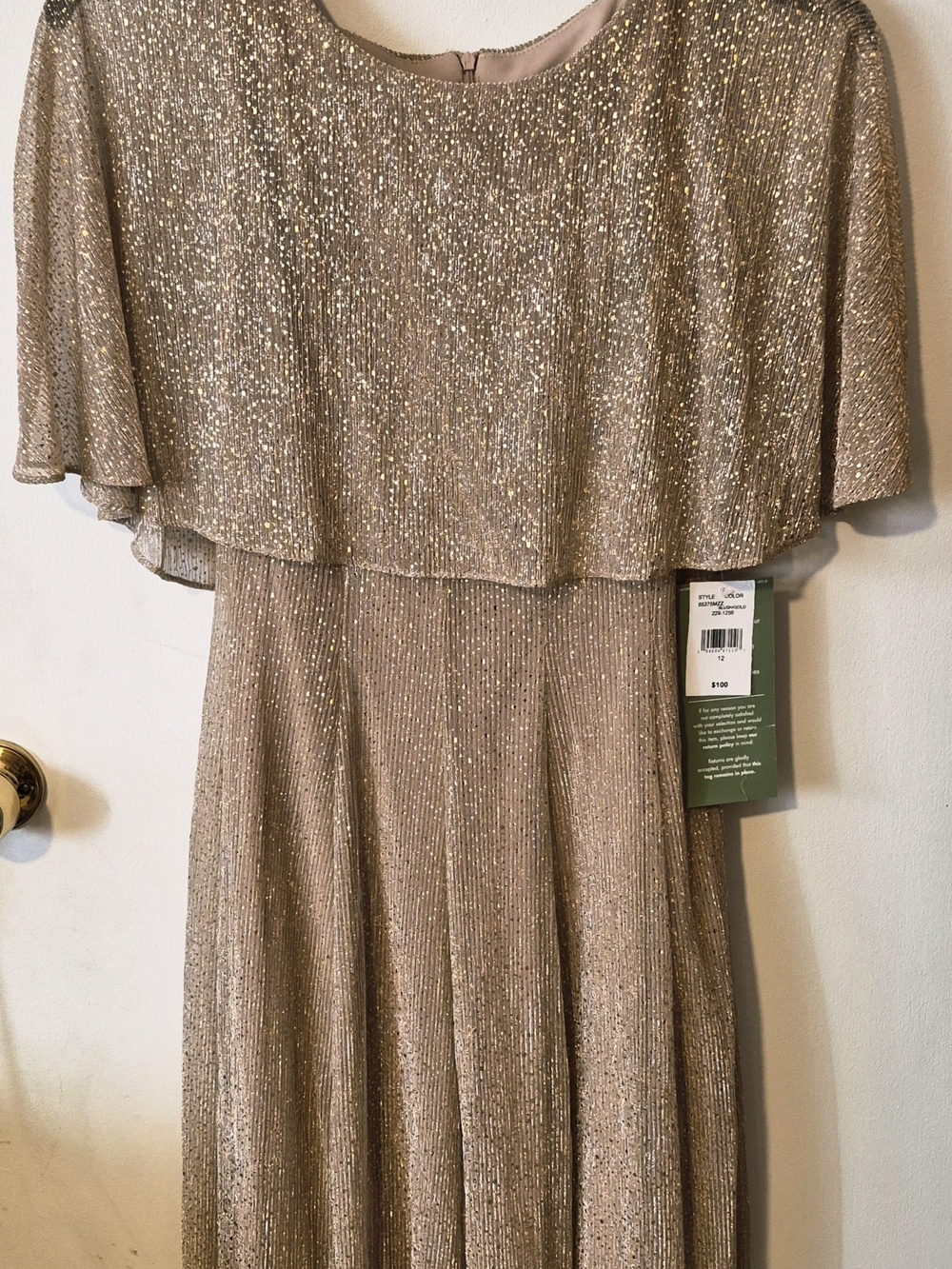 Danny & Nicole Metallic Gold Capelet Evening Dress